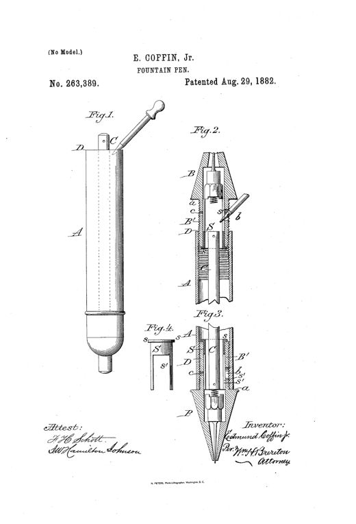 Patent drawing showing a stylographic fountain pen: Fig. 1 depicts the full pen barrel with a separate filling dropper, while Figs. 2-4 show cross-sectional details of the threaded point-section, valve stop, and air/fill openings.