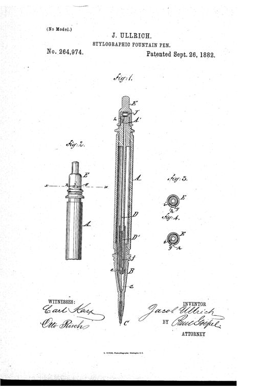 Patent line drawing of a stylographic fountain pen shown in vertical cross-section, revealing the internal needle-valve, air-tube, spring-pressed valve, and vent-cap at the top, alongside a side view of the barrel's upper end and two small circular cross-sections showing the vent-cap in open and closed positions.