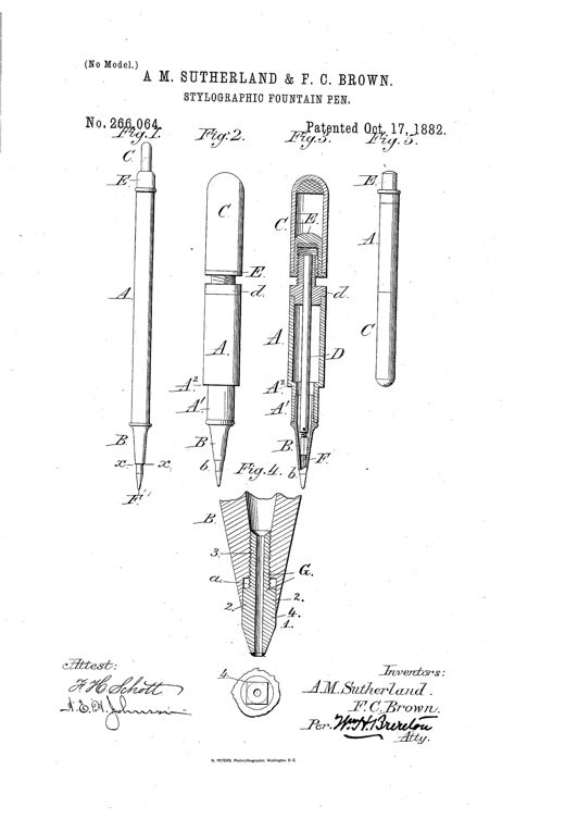 Patent drawing showing five figures of a stylographic fountain pen, including a full external view, an assembled pen with barrel and point section, a longitudinal cross-section revealing the internal air-tube and valve mechanism, an enlarged detail of the adjustable screw-threaded writing point with key-head, and the pen shown closed with its protector cap in place for pocket carrying.