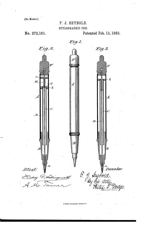 Patent drawing of a cylindrical stylographic pen shown whole and in two cutaway sections revealing an internal spring-loaded needle stylus running through a central air-tube to a tapering ink-discharge point.