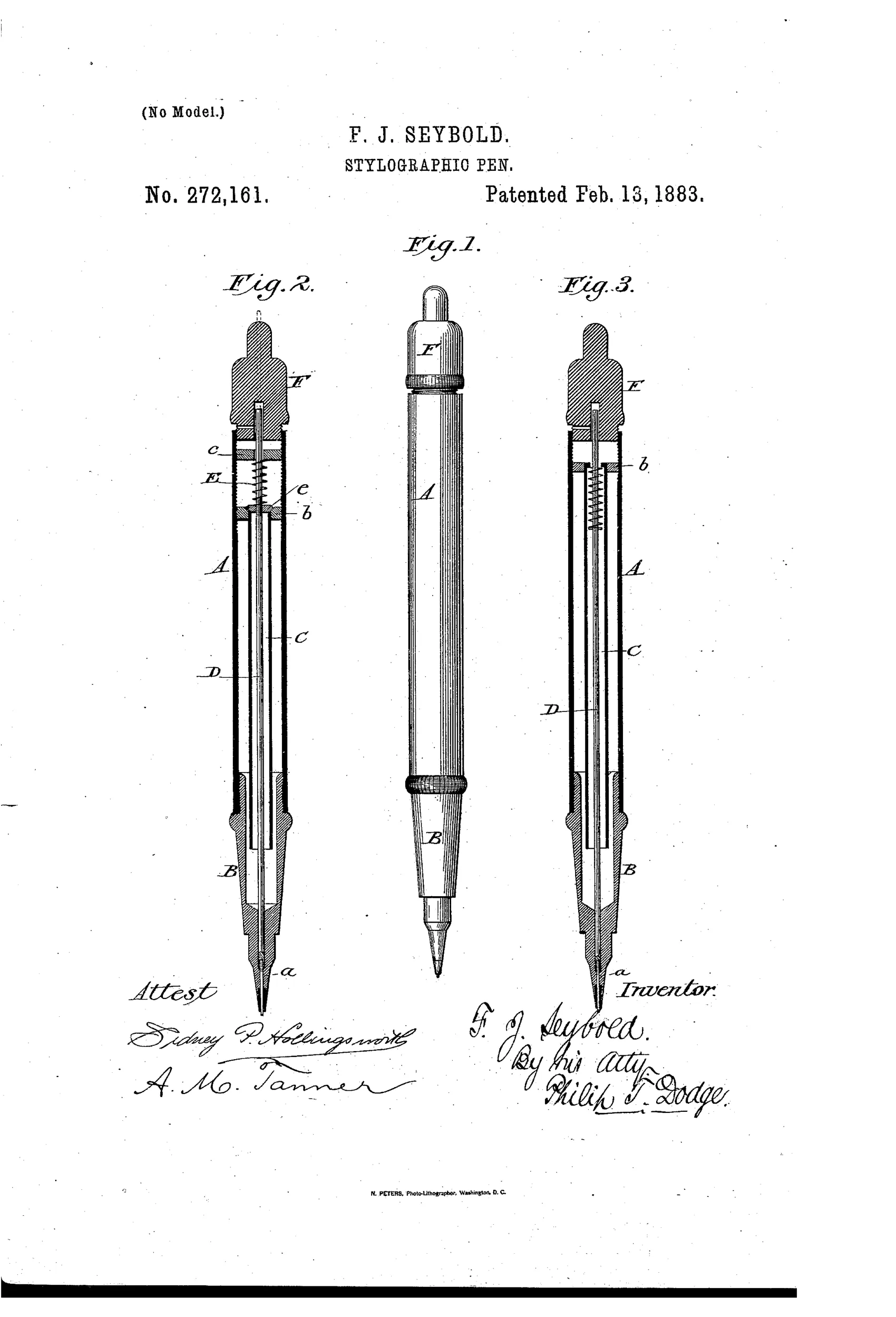 Patent drawing of a cylindrical stylographic pen shown whole and in two cutaway sections revealing an internal spring-loaded needle stylus running through a central air-tube to a tapering ink-discharge point.