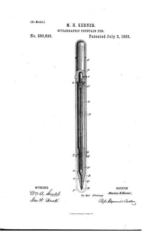 A patent drawing showing a longitudinal cross-section of a slender stylographic fountain pen, revealing an inner flexible tube running from a rubber diaphragm near the cap down to a fine needle point, with labeled parts including the barrel (A), point-section (B), air-duct (D), needle (e), diaphragm (G), and protective cap (F).