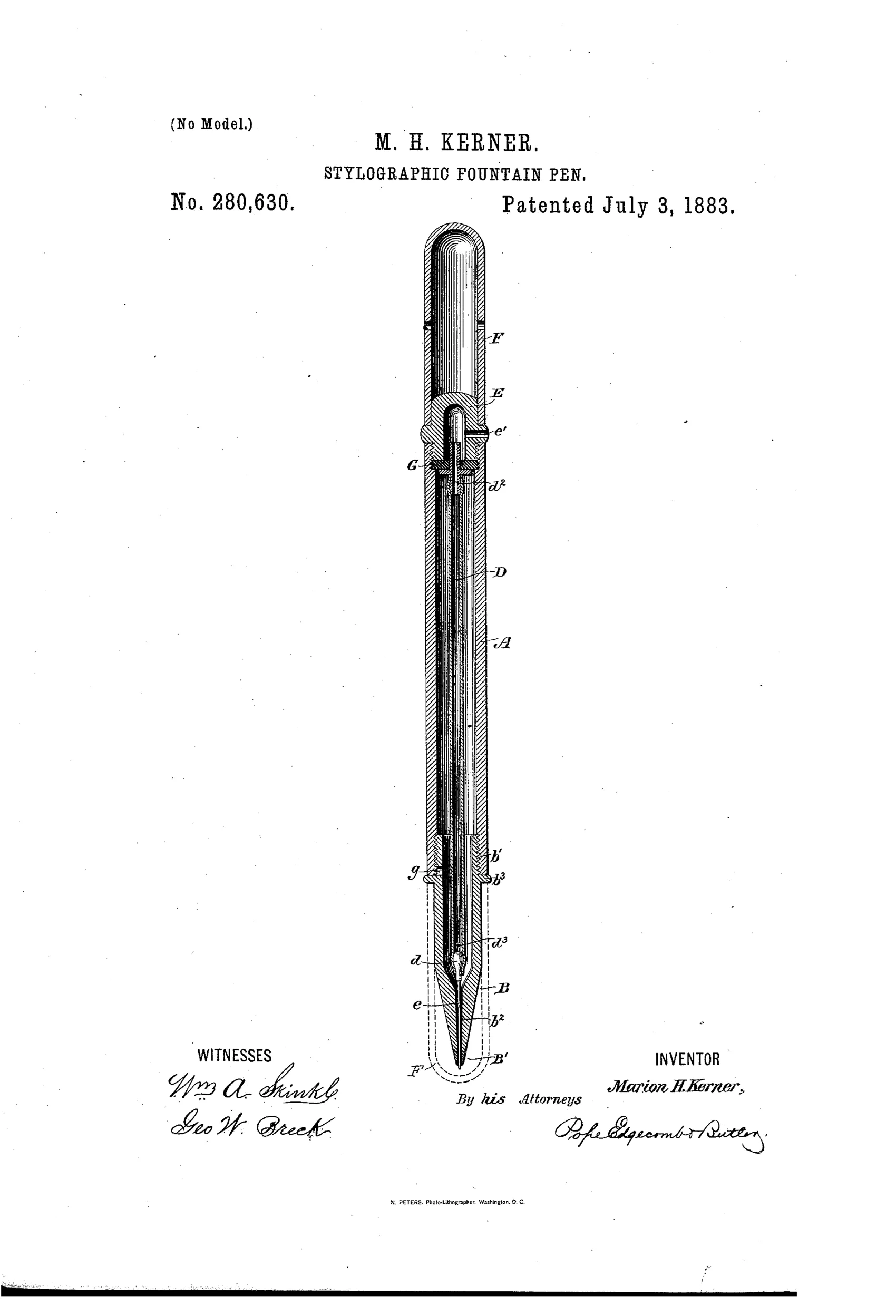 A patent drawing showing a longitudinal cross-section of a slender stylographic fountain pen, revealing an inner flexible tube running from a rubber diaphragm near the cap down to a fine needle point, with labeled parts including the barrel (A), point-section (B), air-duct (D), needle (e), diaphragm (G), and protective cap (F).