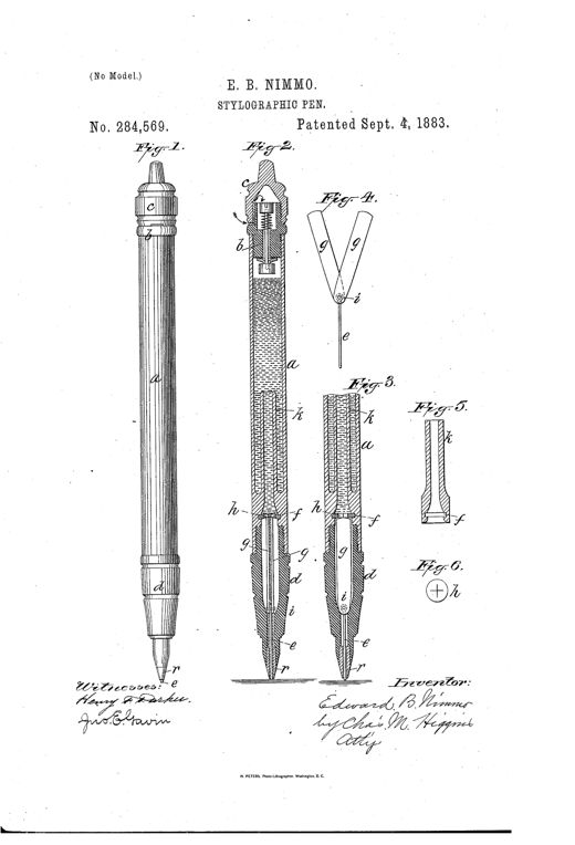 Patent drawing of a slender cylindrical stylographic pen shown whole and in cross-section, revealing an internal needle, agitator plates, and a slit rubber disk covering the ink reservoir outlet near the tapered writing tip.