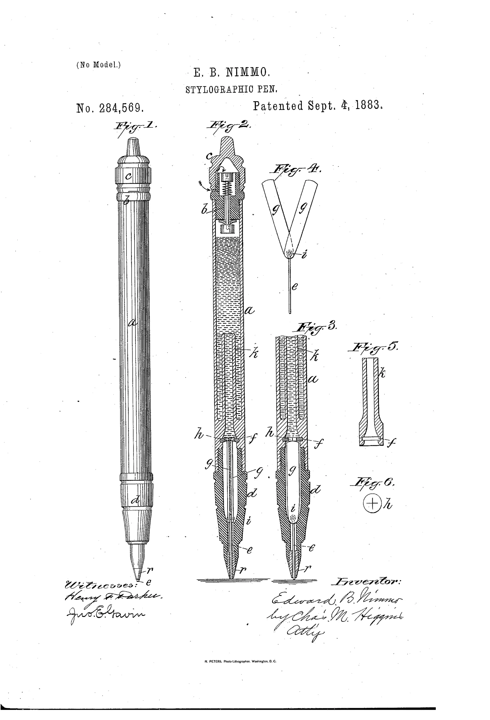 Patent drawing of a slender cylindrical stylographic pen shown whole and in cross-section, revealing an internal needle, agitator plates, and a slit rubber disk covering the ink reservoir outlet near the tapered writing tip.