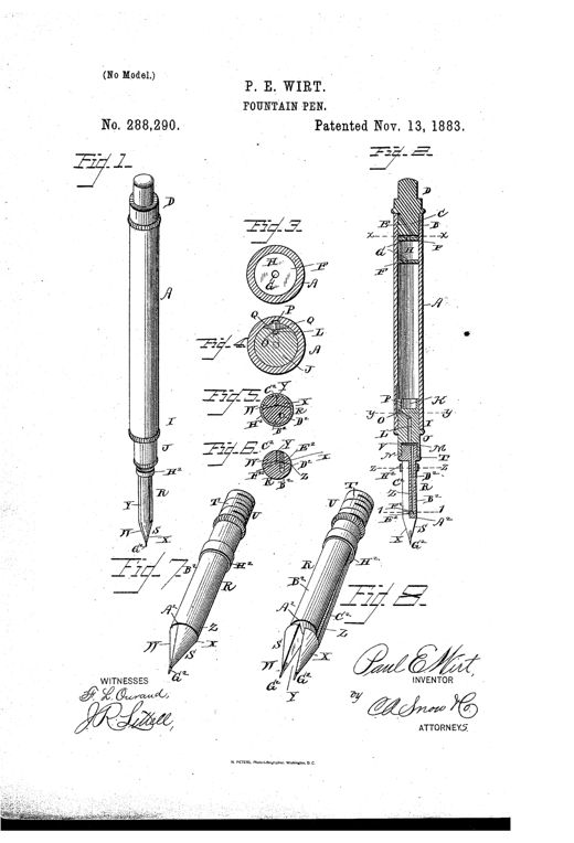 Patent drawing sheet showing a slender cylindrical hard-rubber fountain pen in full perspective, a longitudinal cross-section revealing internal plug and channel parts, several circular detail cross-sections labeled with letters, and two close-up perspective views of the split pen point with nibs closed and open.