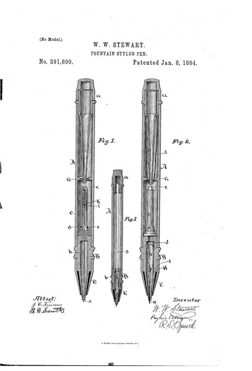 Patent drawing of a fountain stylus pen showing three longitudinal cross-sections labeled Fig. 1, Fig. 2, and Fig. 3, each revealing an internal ink reservoir, condensing chamber, spring mechanism, and a fine pointed stylus tip enclosed in a jacket.