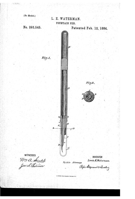 Patent drawing of an 1884 Waterman fountain pen shown in longitudinal cross-section, revealing the ink barrel, feed bar with a grooved channel, nib, and protective cap, alongside a small circular cross-section diagram labeling the groove and fissures.