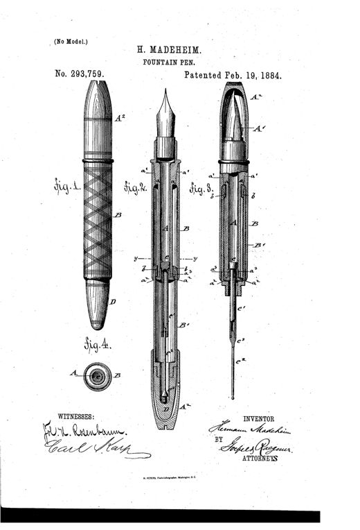 Patent drawing showing four views of a fountain pen: a full side view with crosshatched grip, two cutaway longitudinal sections revealing an internal ink reservoir, sliding extension tube, and piston-rod filling mechanism, and a small end-view cross-section.