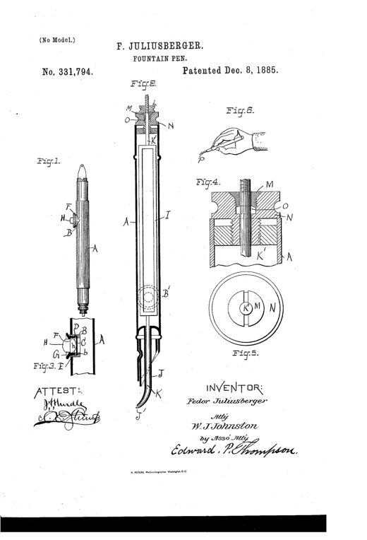 Patent drawing sheet showing a slender fountain pen in full profile, a cutaway sectional view revealing an internal sliding frame with needle valve and threaded gland-screw packing box, a close-up of the finger button and diaphragm, a top view of the concentric packing components, and a small sketch of a hand holding the pen while writing.