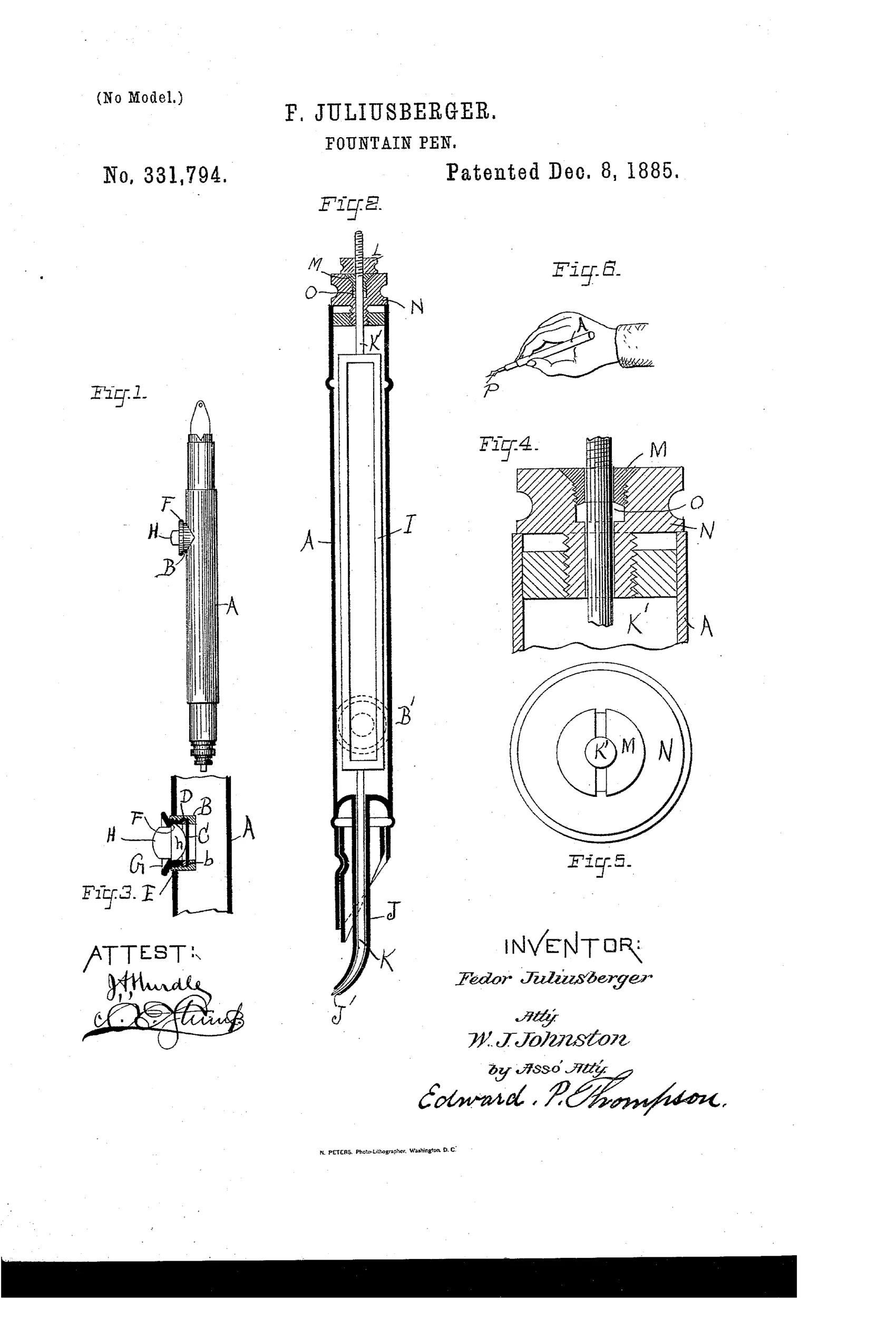 Patent drawing sheet showing a slender fountain pen in full profile, a cutaway sectional view revealing an internal sliding frame with needle valve and threaded gland-screw packing box, a close-up of the finger button and diaphragm, a top view of the concentric packing components, and a small sketch of a hand holding the pen while writing.