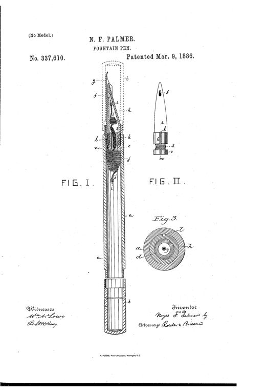 Patent drawing of a 19th-century fountain pen shown in cross-section (Fig. I) with labeled parts a, b, c, d, i, j, k, l, m, an enlarged detail of the plug and tip (Fig. II), and a cross-sectional end view of the collar (Fig. 3).