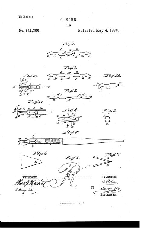Patent drawing showing a flat steel blank stamped with curved recesses and arrow-head tongues, progressing through bending steps into a finished two-bladed pen inserted into a cylindrical holder, with enlarged detail views of the pen's rounded writing points and diagrams tracing the letter R.