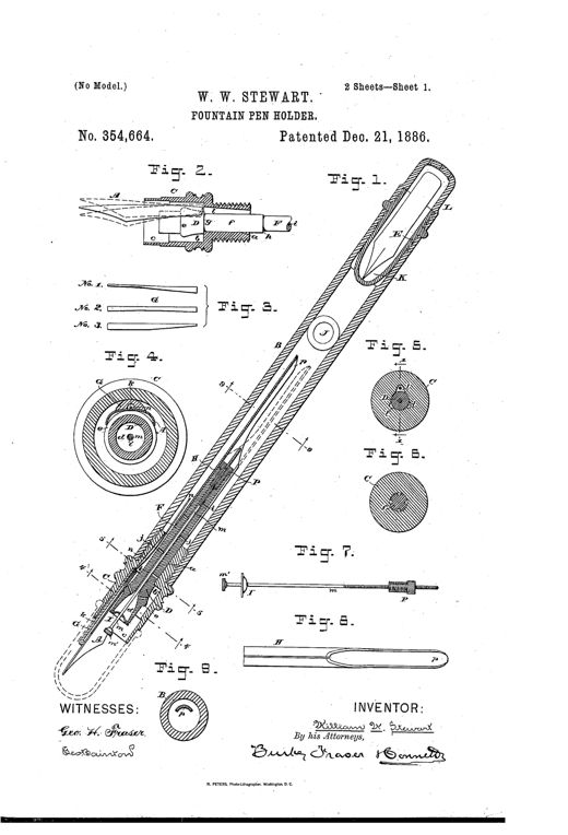 Patent drawing of a hard rubber fountain pen holder shown in full longitudinal section with labeled internal parts including the nib, nozzle, wedge key, ink ducts, condensing chamber, and cap, alongside smaller cross-sectional and detail figures of the mechanism.