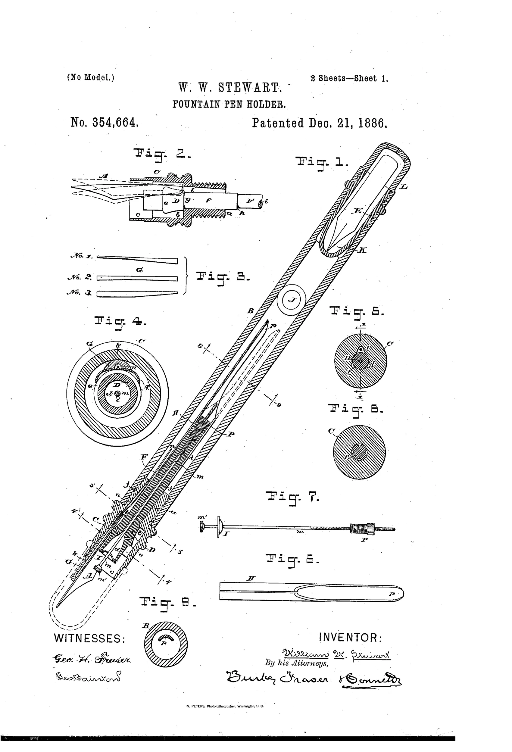 Patent drawing of a hard rubber fountain pen holder shown in full longitudinal section with labeled internal parts including the nib, nozzle, wedge key, ink ducts, condensing chamber, and cap, alongside smaller cross-sectional and detail figures of the mechanism.