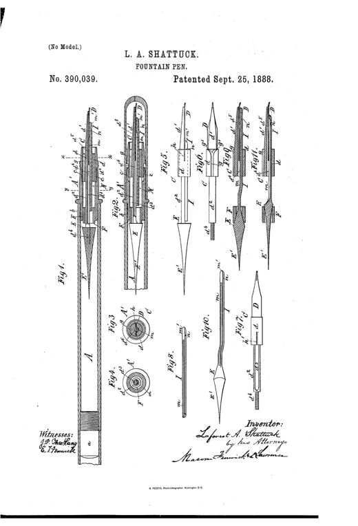 Patent drawing of a fountain pen showing a long central section labeled A with a detailed nib and feed assembly at the tip, plus smaller cross-section and modification diagrams labeled Figs. 2 through 11.