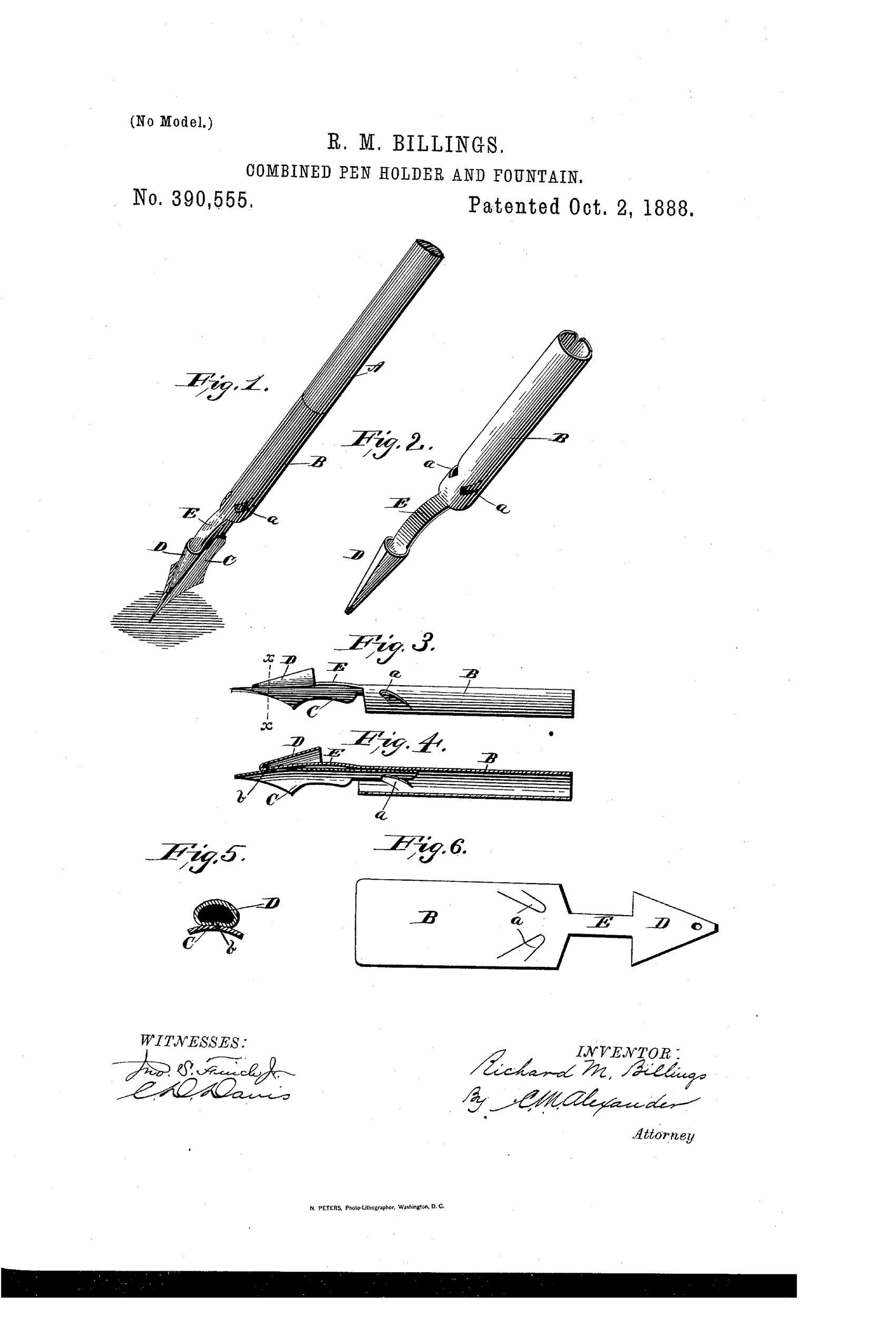 Patent drawing showing a metal pen holder with a tapering conical ink fountain attached by a curved springy arm resting against the back of a pointed writing nib, along with a flat metal blank pattern used to form the device.