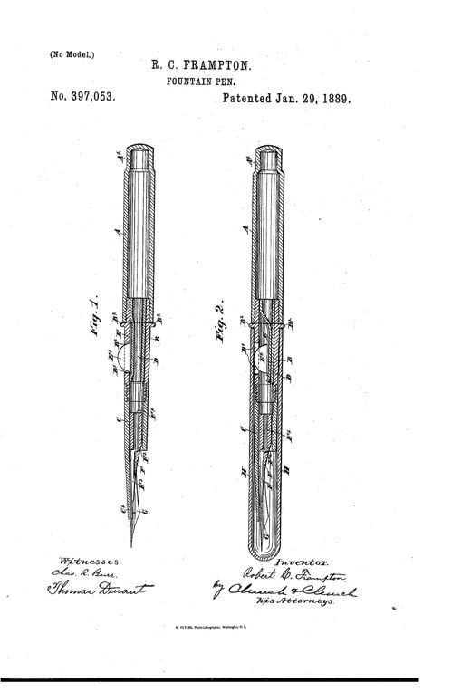 Two vertical patent drawings of a hard rubber fountain pen in longitudinal section, one shown open with the point exposed and internal flexible tube and compressor visible, the other shown with the protective cap fitted over the nib end, with lettered parts labeling the barrel, tube, compressor, and nib.