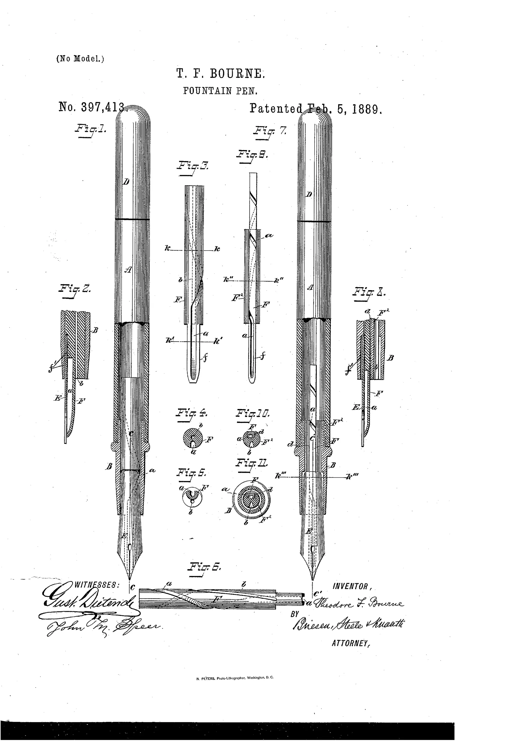 Patent drawing showing two long fountain pen assemblies with labeled parts (barrel A, tube B, cap D, feeder F, pen E) alongside small cross-sectional diagrams of the feeder bar showing spiral and straight ink grooves.