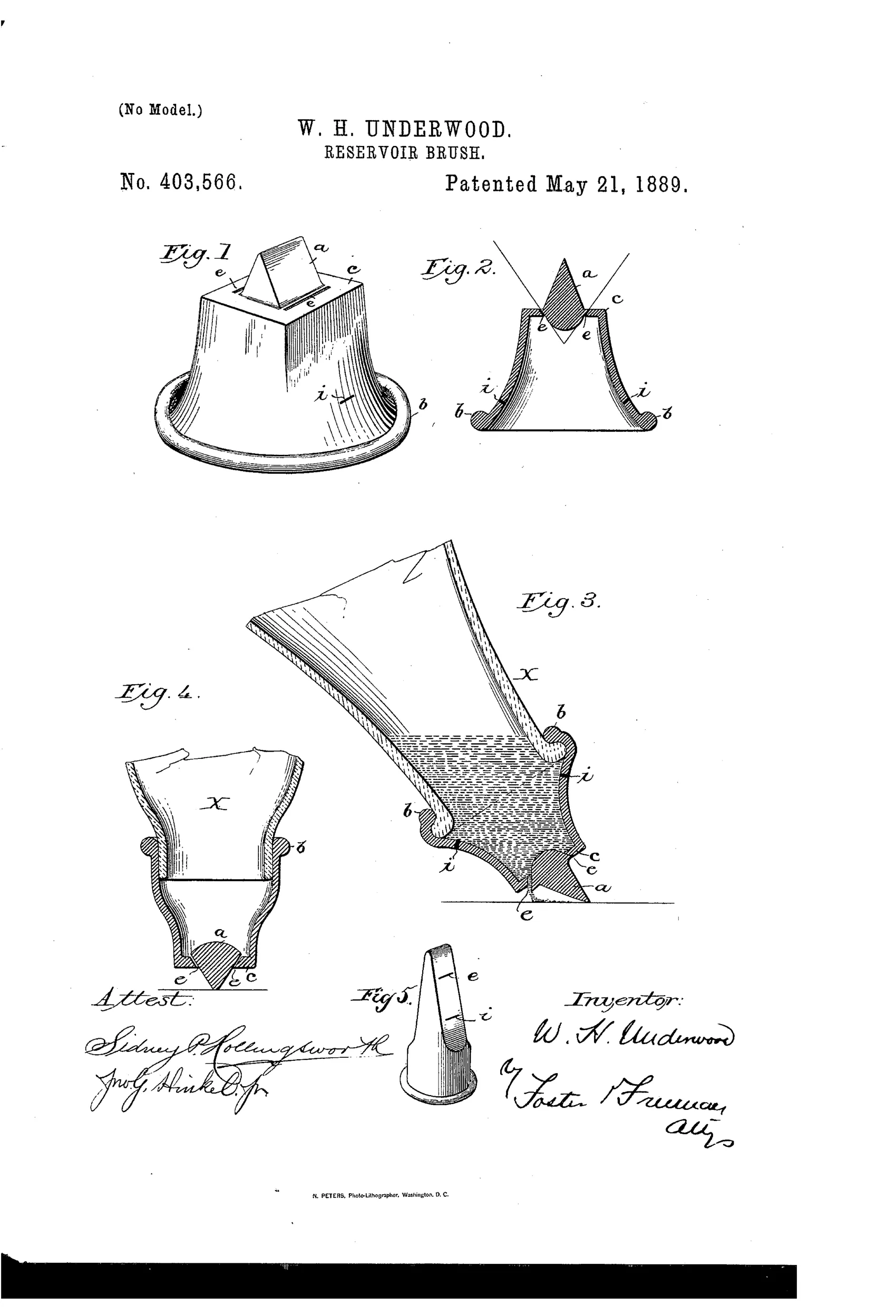 Patent drawing showing a rubber bottle nozzle with a triangular slit blade on top, a beaded rim for attaching to a bottle neck, and cross-section views revealing internal slits labeled a, b, c, e, and i.