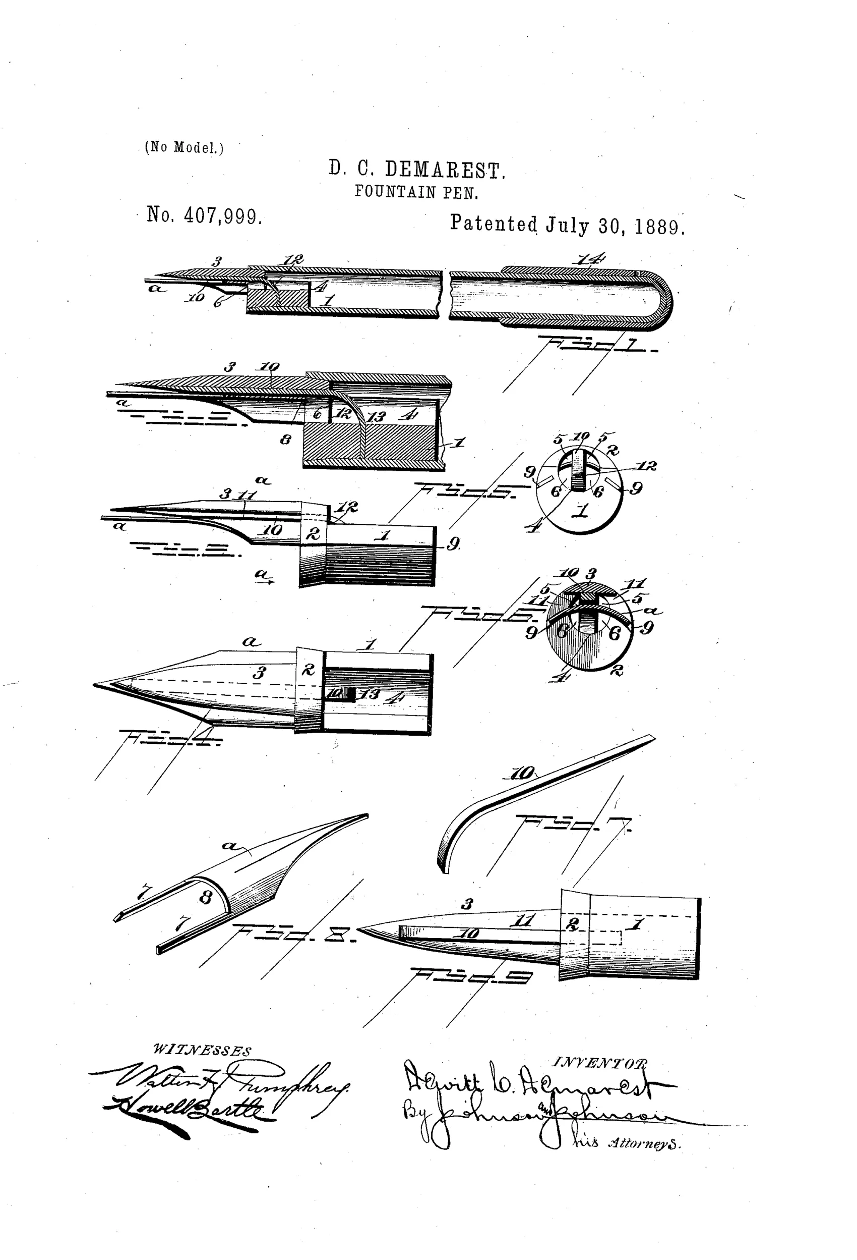 Patent drawing showing a hard rubber fountain pen holder in longitudinal section with a removable pen-holding plug, bifurcated pen nib, bent ink-feeder stem, and a separate screw cap, alongside detailed cross-sections and end views of the plug and feeder mechanism.