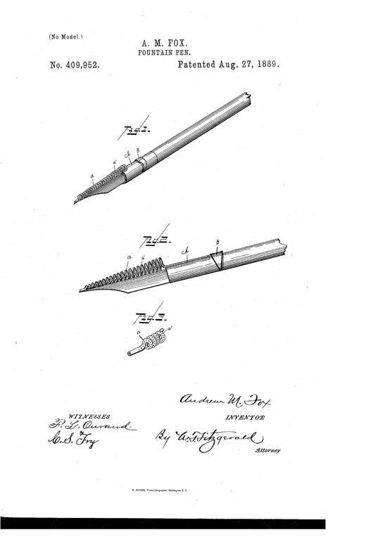 Patent drawing of a fountain pen attachment showing a spiral coil-shaped ink reservoir wrapped around the pen shaft near the nib, secured by a collar labeled B, with a detailed close-up of the perforated coil in Figure 3.