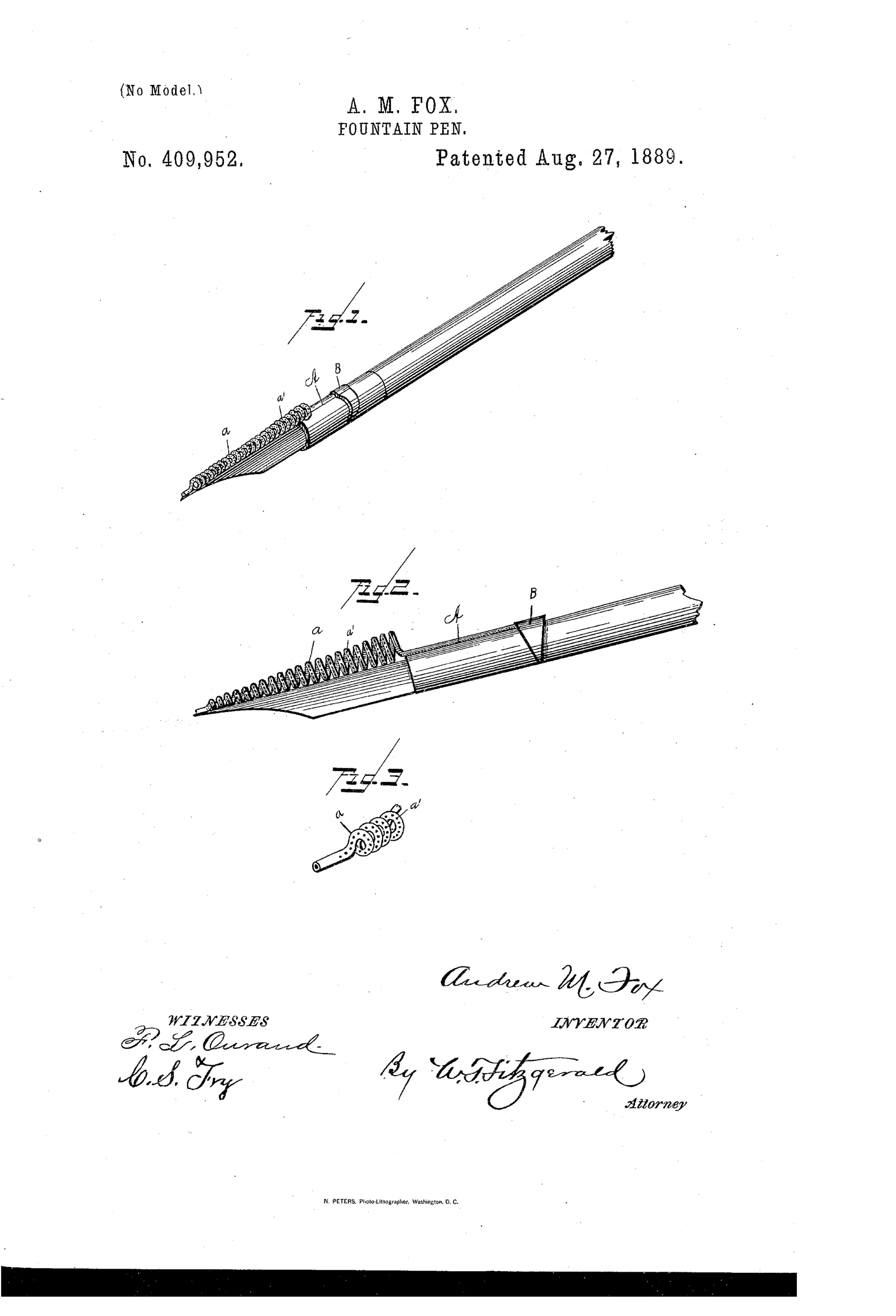 Patent drawing of a fountain pen attachment showing a spiral coil-shaped ink reservoir wrapped around the pen shaft near the nib, secured by a collar labeled B, with a detailed close-up of the perforated coil in Figure 3.