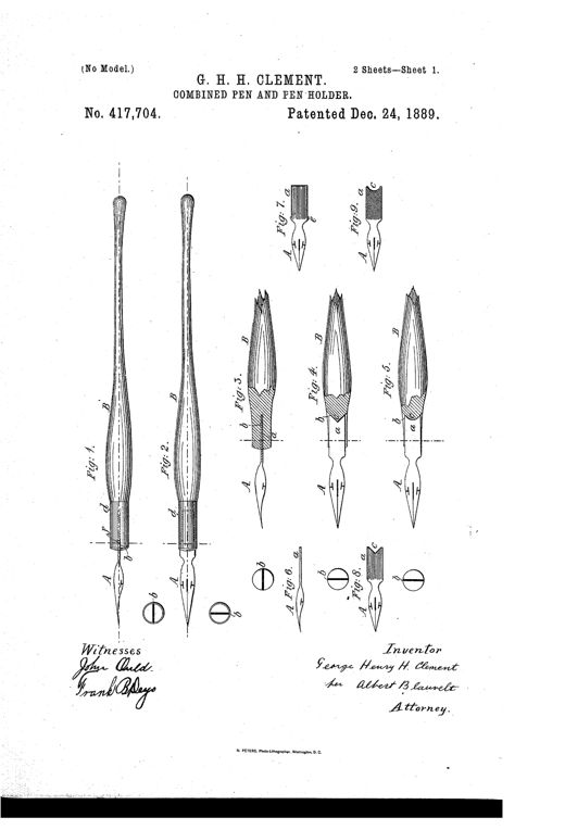 Patent drawing sheet showing multiple elongated wooden pen-holders with metal collars, various flat-shanked steel nibs with shoulders and slots, and small circular end-view diagrams illustrating different slit and hole patterns for centering the nib.