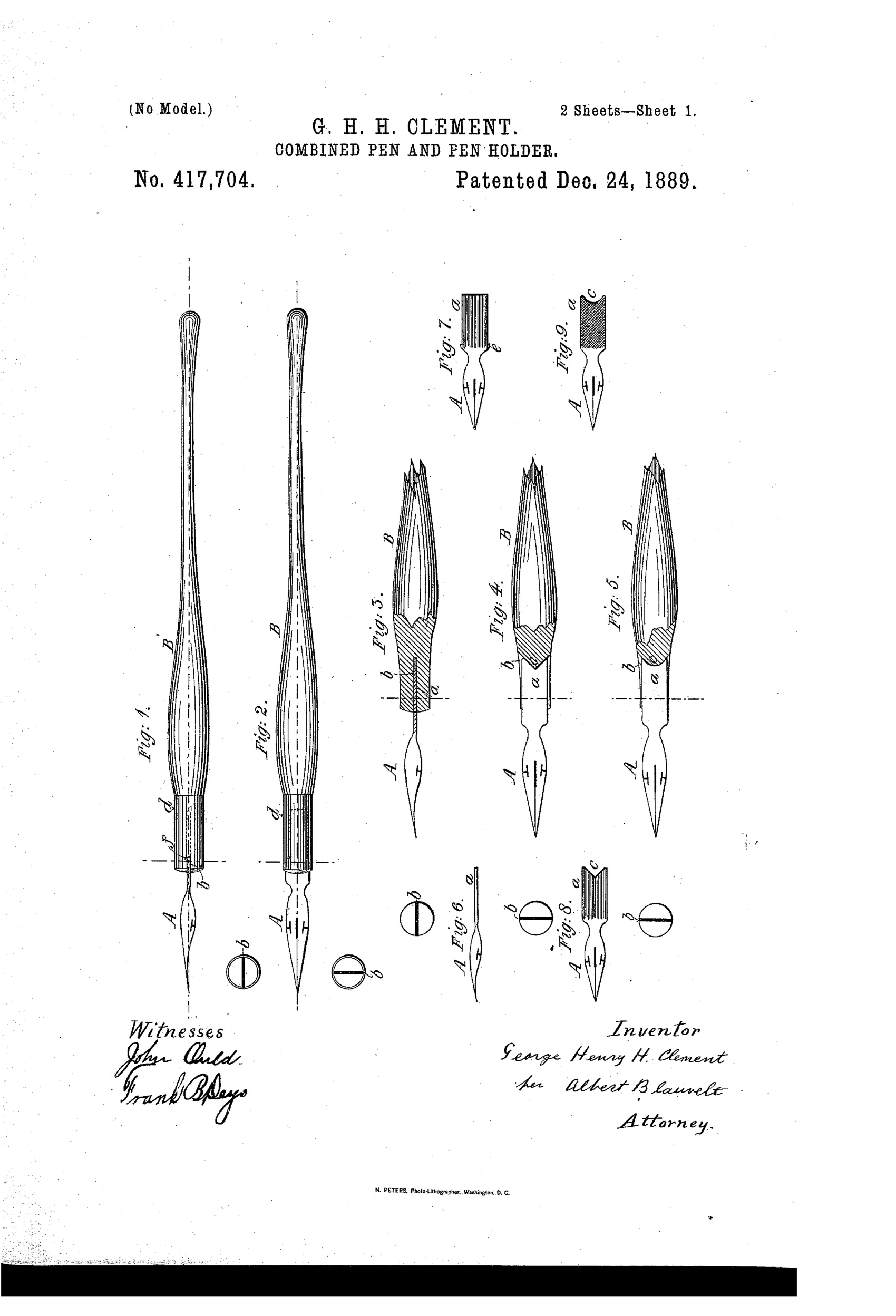 Patent drawing sheet showing multiple elongated wooden pen-holders with metal collars, various flat-shanked steel nibs with shoulders and slots, and small circular end-view diagrams illustrating different slit and hole patterns for centering the nib.