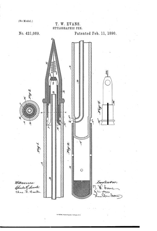 Patent drawing showing cross-sections of a stylographic pen with a tapered point-piece, internal air-tube, adjustable pin carrier, and cap, plus a small cross-sectional detail and an exploded carrier view.