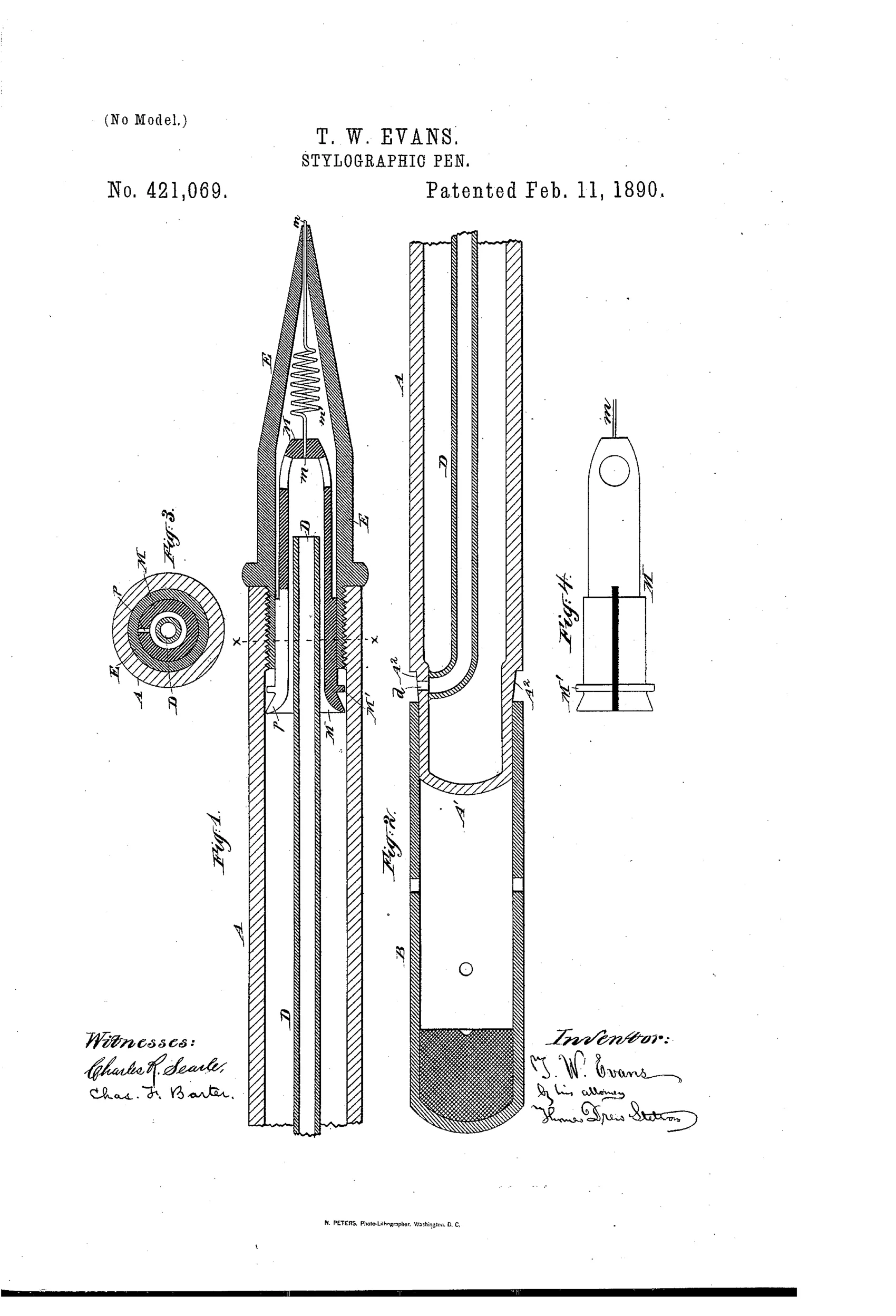 Patent drawing showing cross-sections of a stylographic pen with a tapered point-piece, internal air-tube, adjustable pin carrier, and cap, plus a small cross-sectional detail and an exploded carrier view.
