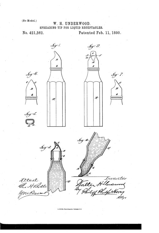 Patent drawing showing several views of a flexible rubber bottle tip with a slit-bearing spreading surface, mounted on a ribbed mucilage bottle neck, alongside cross-sections and alternate tip shapes.
