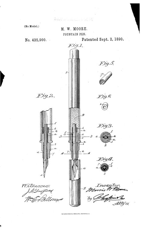 Patent drawing of a slender cylindrical fountain pen shown in full side view and in cutaway cross-sections, revealing an internal reservoir, a grooved tip passage, a feed-bar, a small cylindrical valve, and a coiled pen-holding spring near the nib.