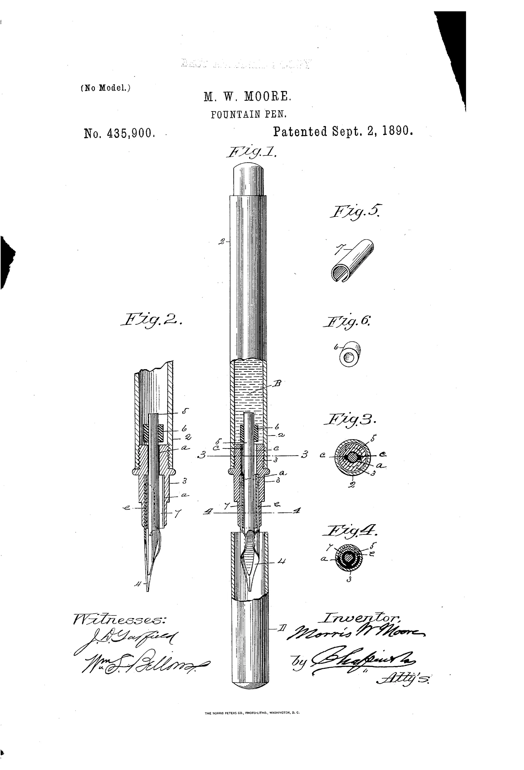 Patent drawing of a slender cylindrical fountain pen shown in full side view and in cutaway cross-sections, revealing an internal reservoir, a grooved tip passage, a feed-bar, a small cylindrical valve, and a coiled pen-holding spring near the nib.