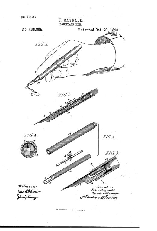 Patent drawing showing a hand gripping a cylindrical fountain pen while writing, with additional cutaway diagrams revealing the internal elastic ink reservoir, presser bar, thumb button, locking nut, and eccentric plug holding the pen nib.