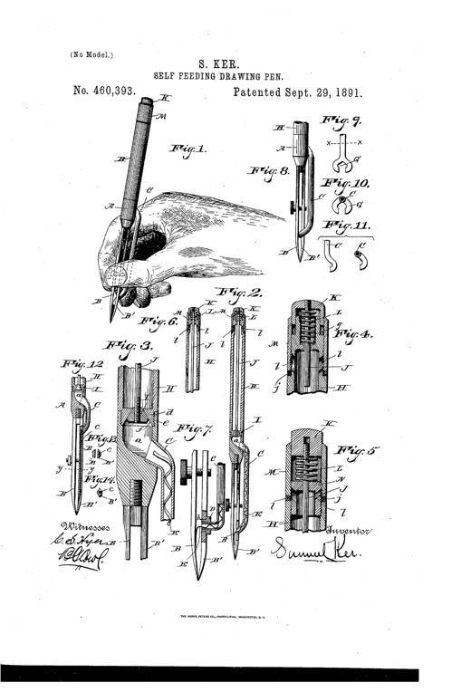 Patent drawing showing a hand holding a self-feeding drawing pen with a detailed exploded view of its internal reservoir, valve, spring, and exterior ink conduit connecting to the pen point.