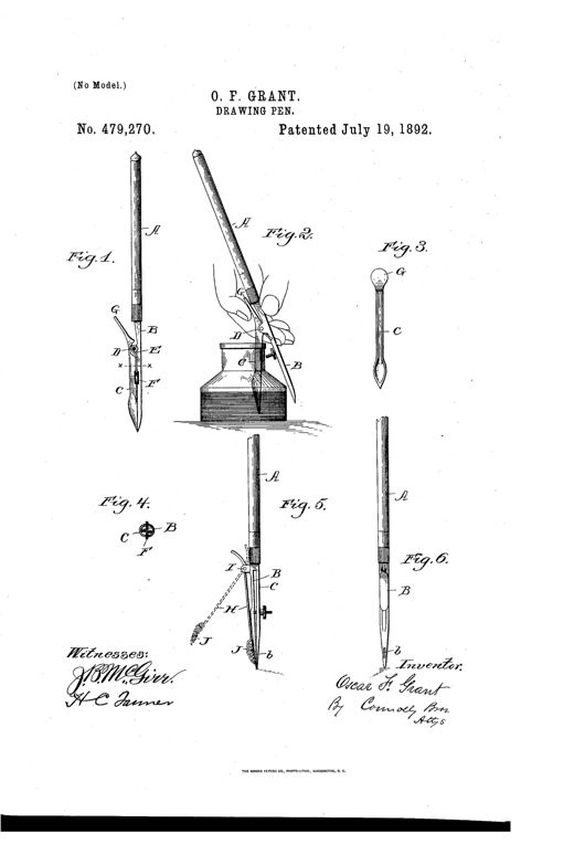 Patent drawing showing six figures of a hinged drafting ruling pen with adjustable blades, a spiral ink reservoir attachment, and a hand dipping the pen into an ink bottle.