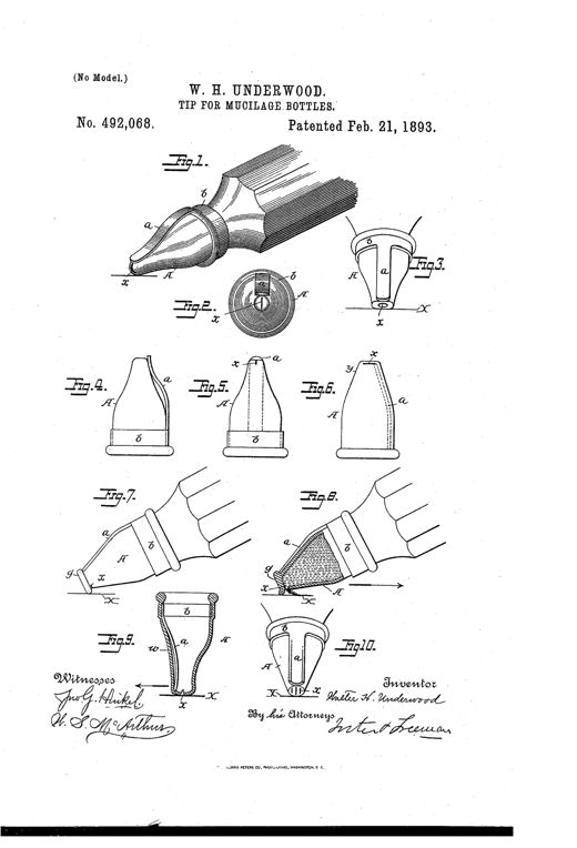 Patent drawing sheet showing a mucilage bottle nozzle tip in perspective (Fig. 1) with a flat internal bearing arm and end slit, plus multiple smaller cross-section and side views (Figs. 2-10) illustrating how the bearing compresses the tip against a surface to open the perforation and release the adhesive.