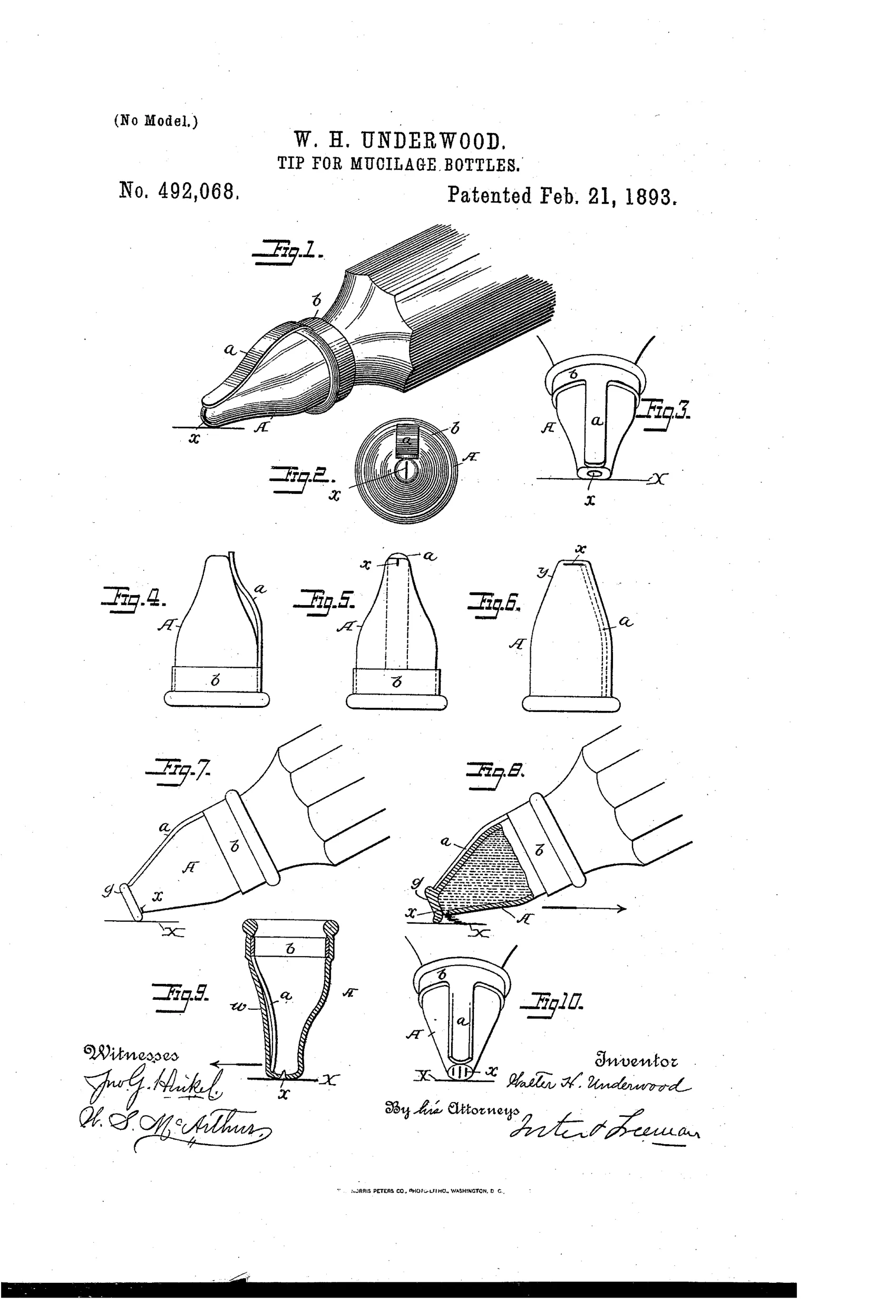 Patent drawing sheet showing a mucilage bottle nozzle tip in perspective (Fig. 1) with a flat internal bearing arm and end slit, plus multiple smaller cross-section and side views (Figs. 2-10) illustrating how the bearing compresses the tip against a surface to open the perforation and release the adhesive.