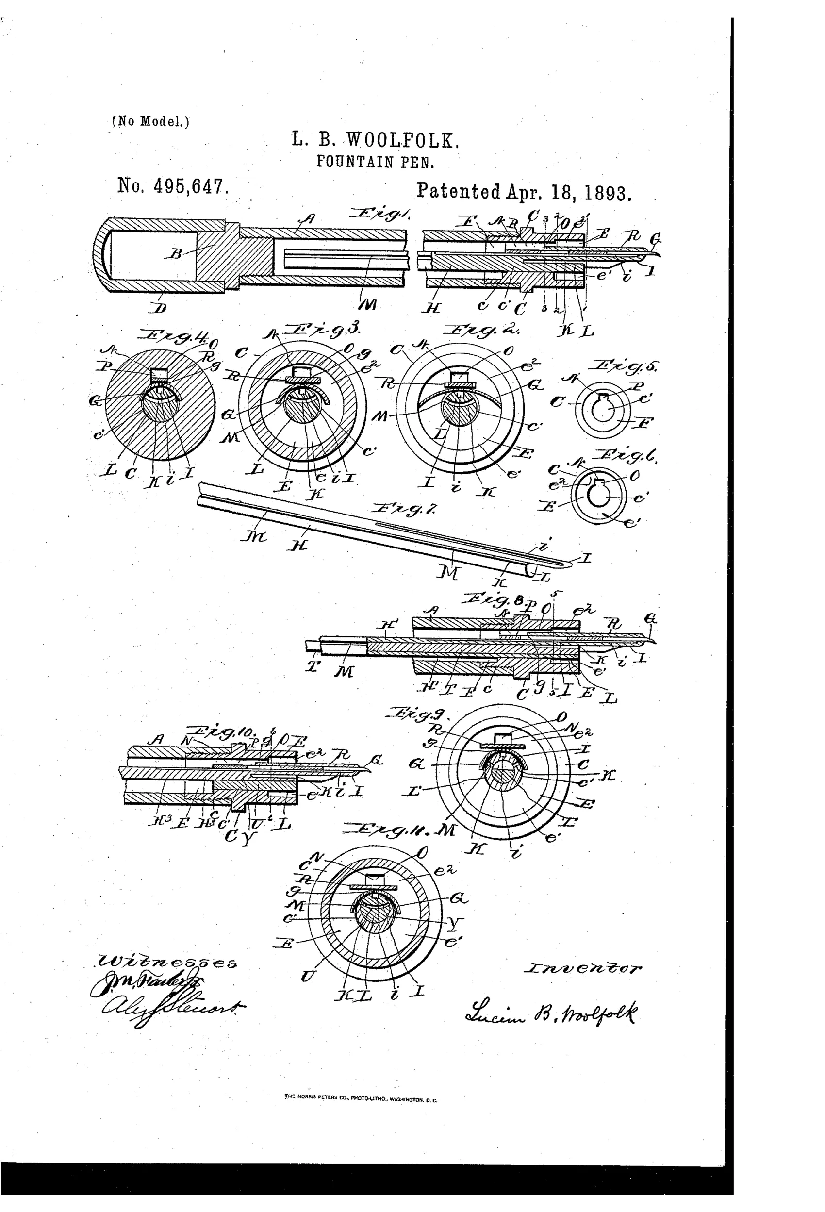 Patent drawing of a fountain pen showing the barrel, plug, tubular point section, nib, feed rod with feed-tongue, and several cross-sectional and perspective views labeled with reference letters.