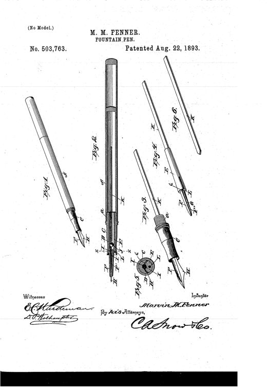 Patent drawing showing six views of a hard rubber fountain pen: a full assembled pen with tapered nib, a cross-sectioned barrel revealing the internal feed plug and ball valve mechanism, an enlarged feed plug with detachable nozzle, the same feed plug separated with pen point removed, a circular cross-section showing the slit and grooves, and a thin flat auxiliary conductor reed.