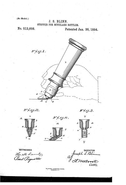 Patent drawing of a tilted mucilage bottle with an internal rubber stopper shown in cross-section detail views labeled Fig. 1 through Fig. 4, illustrating the reservoir, neck, and slotted head of the stopper.