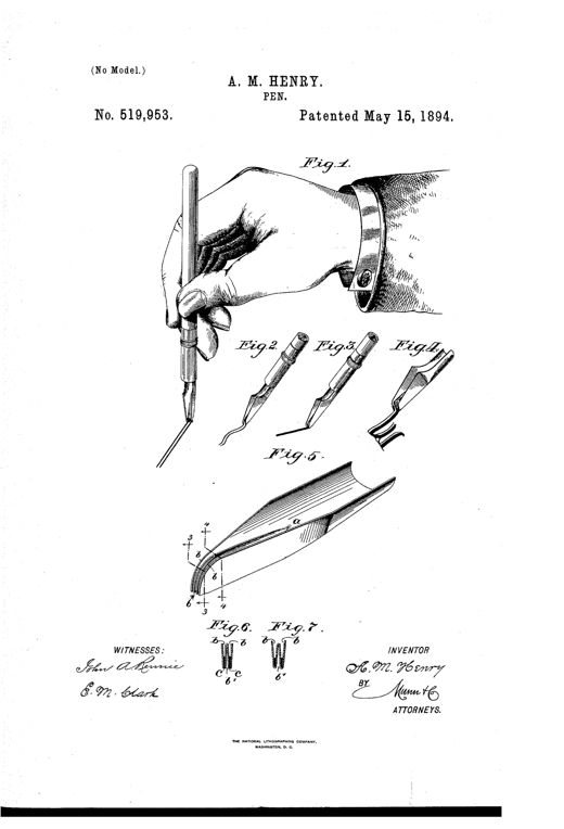 Patent drawing showing a hand holding a corrugated metal pen while writing, with detailed close-up views of the pen's W-shaped folded tip and cross-sections showing the corrugations and ink passages.