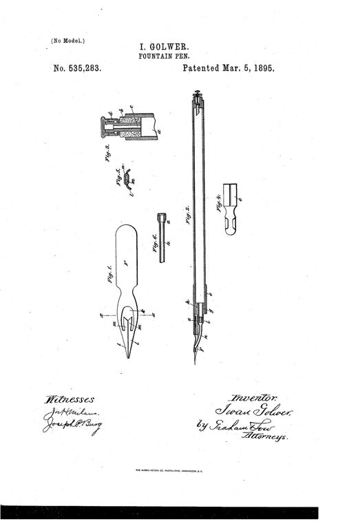 Patent drawing of a fountain pen showing a long cylindrical holder with a screw cap at top, an internal reservoir tube, and an enlarged detail of a split nib with rearward projections connected to a small elastic tube.