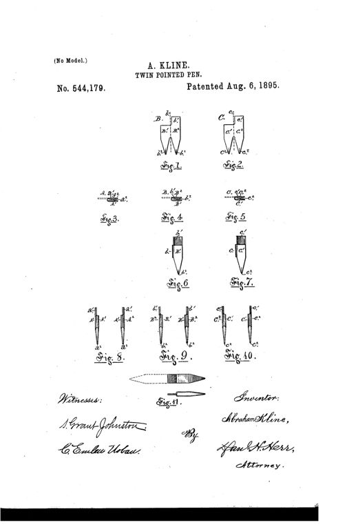 Patent drawing sheet showing flat metal pen blanks B and C with V-shaped slotted ends, several folded partial and completed twin-pointed nib assemblies labeled Figures 1 through 11, and a signed inventor block for Abraham Kline.