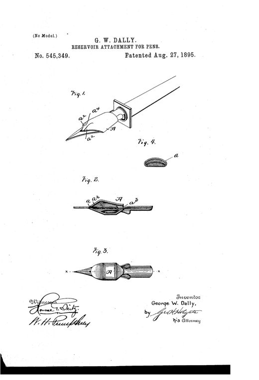 Line drawing of a metal reservoir clip clasped around a dip pen's nib, shown in perspective, cross-section, and underside views, with labeled parts a, a2, a3, a4, and A.