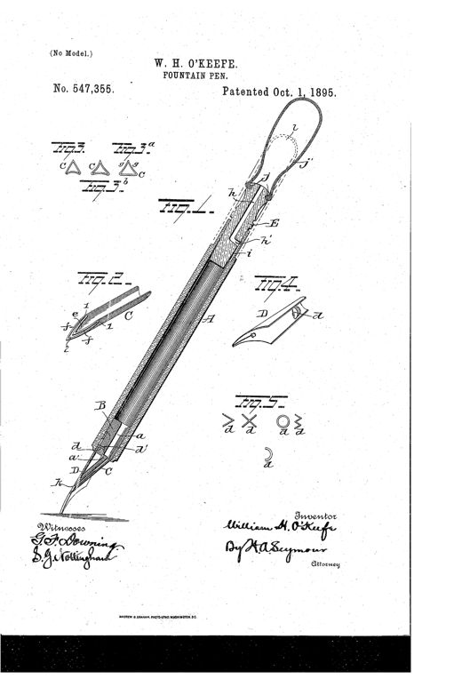 Patent drawing of a hard rubber fountain pen shown in full diagonal view with a cutaway section revealing the internal feed-bar, pen-point, and plug-valve, alongside smaller detail views of the triangular feed-bar cross-sections and the pen-point's locking projection.