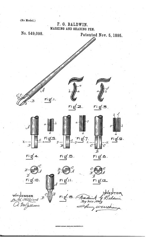 Patent drawing of a long-handled marking pen with a broad central blade and curved side blades at the tip, alongside diagrams showing the blade arrangements and resulting shaded ink marks.