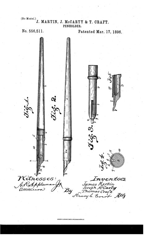 Patent drawing showing a tapered fountain penholder in side and sectional views, with a detailed close-up of the tubular feeder featuring a slotted tongue and a cross-section of the pen tip assembly.