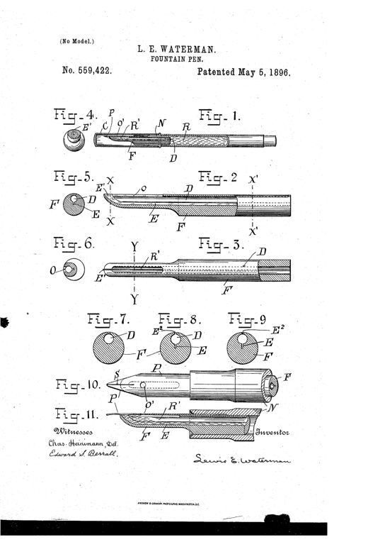 Technical patent drawing of a fountain pen's feed-bar mechanism, showing longitudinal and cross-sectional views labeled with letters D, E, F, N, O, P, R marking the duct, capillary fissure, reservoir, nozzle, and nib, with the inventor's signature 'Lewis E. Waterman' at bottom.